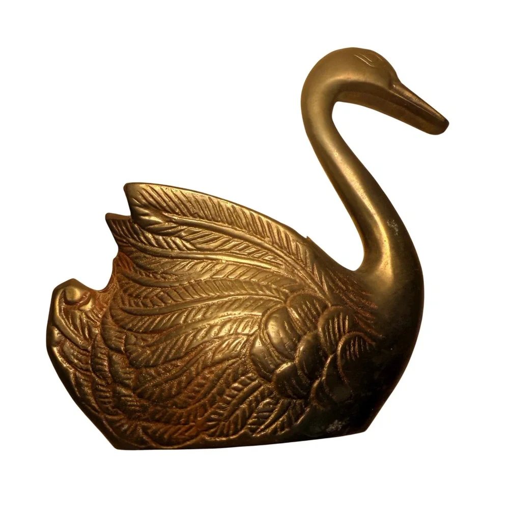 Vintage Brass Swan Planter Deep Catchall Feather Details MCM Decor 6